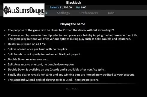 Rules. Blackjack 5 Hands from Realistic