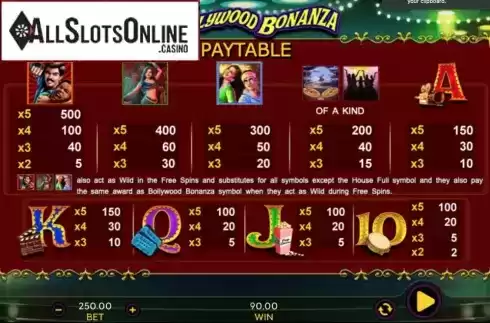 Paytable. Bollywood Bonanza from 888 Gaming