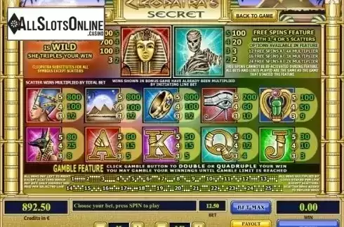 Paytable . Cleopatra's Secret from Tom Horn Gaming