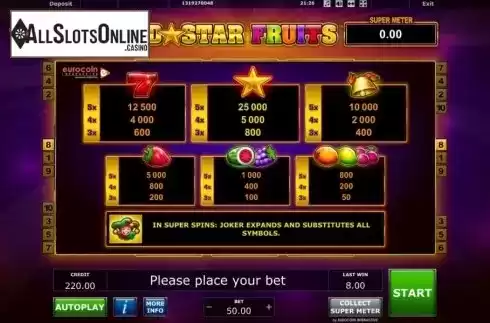 Paytable. Gold Star Fruits from Eurocoin Interactive