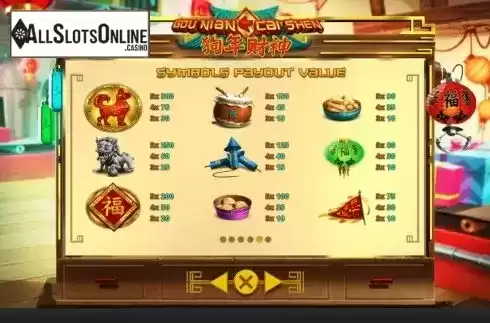 Paytable screen. Gou Nian Cai Shen from Skywind Group