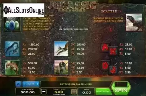 Paytable. Jurassic Treasure from Xplosive Slots Group