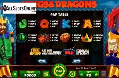 Paytable . Kings And Dragons from X Card