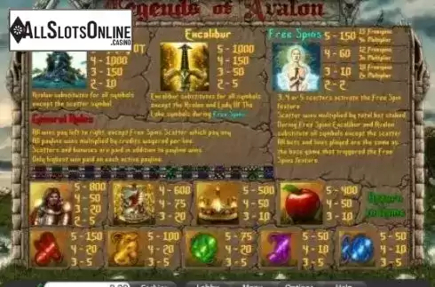 Paytable 1. Legends of Avalon from Saucify