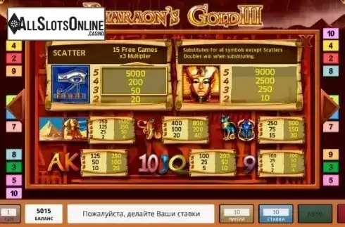 Paytable. Pharaoh's Gold III from Novomatic