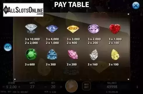 Paytable. Quick Play Jewels from KA Gaming