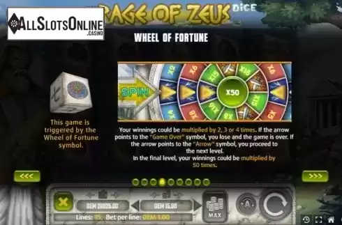 Wheel of Fortune screen. Rage of Zeus Dice from Mancala Gaming