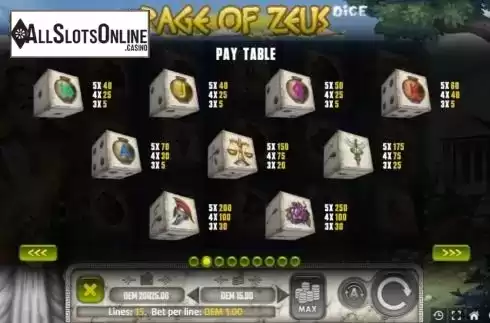 Paytable screen. Rage of Zeus Dice from Mancala Gaming