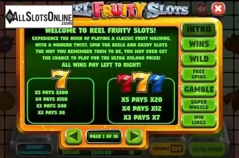 Paytable . Reel Fruity Slots from Slot Factory