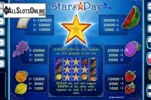 Paytable. Stars Pay Deluxew from Novomatic