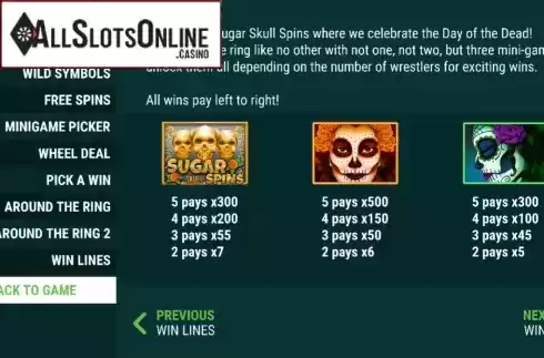 Paytable screen 1. Sugar Skull Spins from Slot Factory