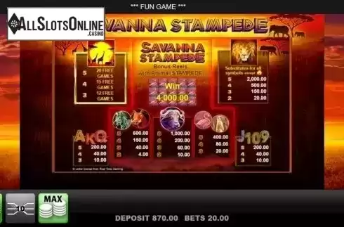 Paytable. Savanna Stampede from Reel Time Gaming