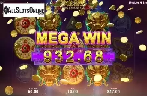 Mega win screen. Shen Long Mi Bao from Booongo
