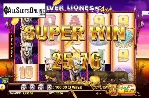 Super win screen. Silver Lioness 4x from Lightning Box