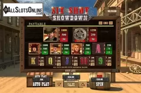Paytable. Six Shot Showdown from RTG