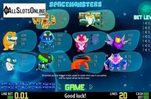 Paytable 1. Space Monsters HD from World Match