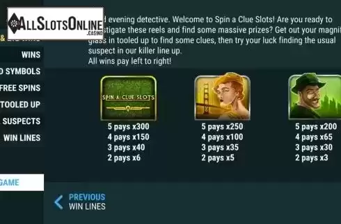 Paytable screen. Spin a Clue Slots from Slot Factory