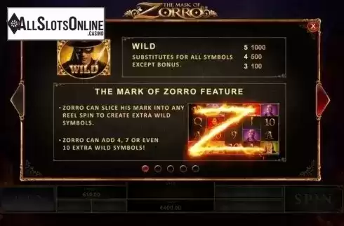 Paytable. The Mask of Zorro (Playtech) from Playtech