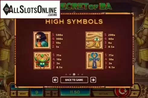 Paytable 3. The Secret of Ba from Tom Horn Gaming