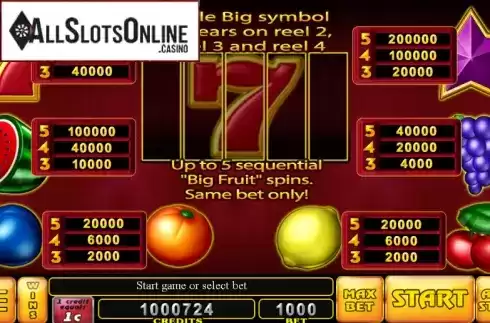 Paytable . Triple Big Fruits from Noble Gaming