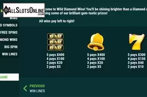 Paytable . Wild Diamond Wins from Slot Factory
