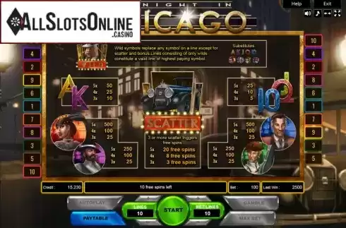 Paytable. A Night in Chicago from Platin Gaming