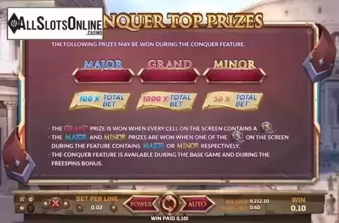Conquer top prizes screen