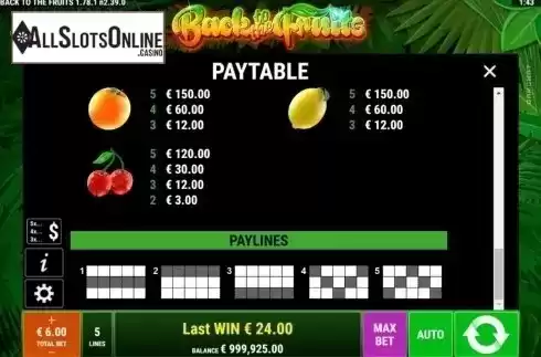 Paytable 2. Back to the Fruits from Gamomat