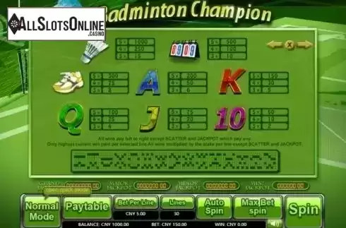 Paytable. Badminton Champion from Aiwin Games