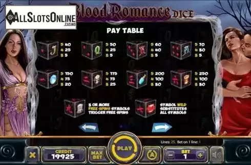 Paytable screen. Blood Romance Dice from Mancala Gaming