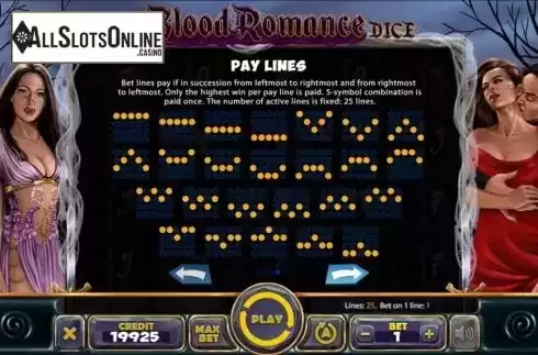 Paylines screen. Blood Romance Dice from Mancala Gaming