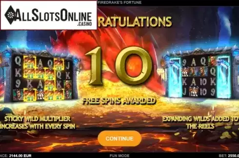 Free Spins screen. Firedrake’s Fortune from Kalamba Games