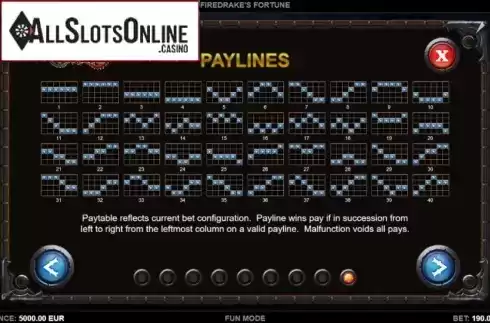 Paylines screen. Firedrake’s Fortune from Kalamba Games