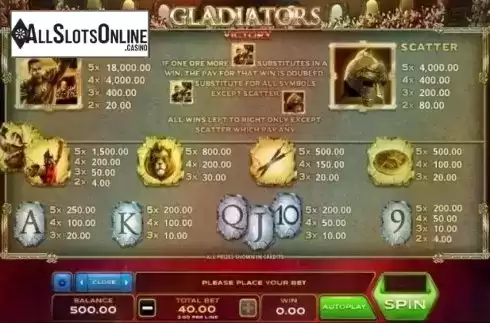 Paytable. Gladiators Victory from Xplosive Slots Group