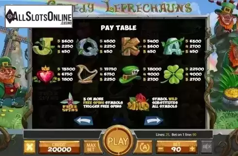 Paytable . Greedy Leprechauns from X Card
