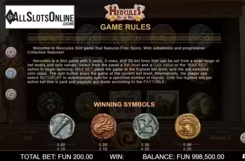Paytable 1. Hercules Do or Die from Leap Gaming