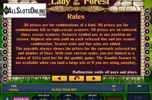 Paytable 3. Lady of the Forest from Zeus Play