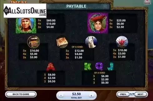 Paytable 1. Lost City of Incas from 2by2 Gaming
