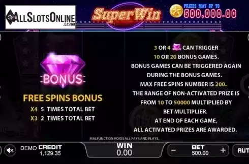 Features screen. Super Win (PlayStar) from PlayStar