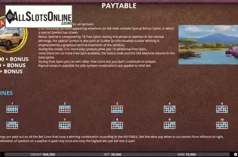 Paylines and features screen