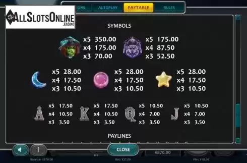 Paytable screen. Spooktacular Spins from Nucleus Gaming