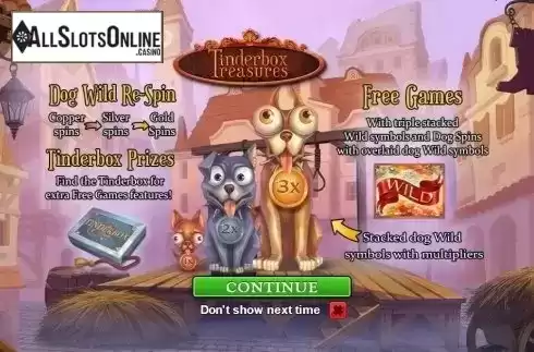 Intro Game screen. Tinderbox Treasure from Playtech