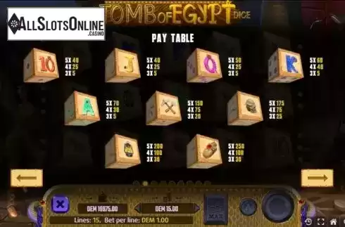 Paytable screen. Tomb of Egypt Dice from Mancala Gaming