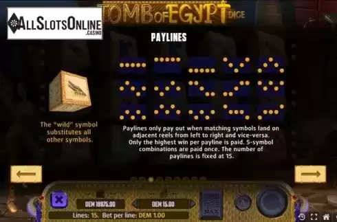 Paylines screen. Tomb of Egypt Dice from Mancala Gaming