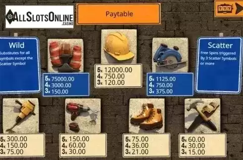 Paytable. Under Construction (Booming) from Booming Games