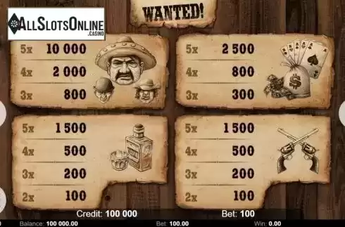 Paytable 1. Wanted (Kajot Games) from KAJOT