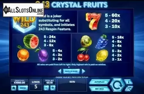 Paytable. 243 Crystal Fruits from Tom Horn Gaming