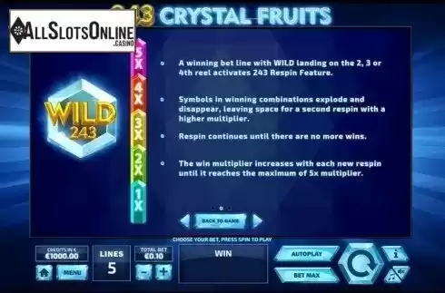 Paytable 2. 243 Crystal Fruits from Tom Horn Gaming