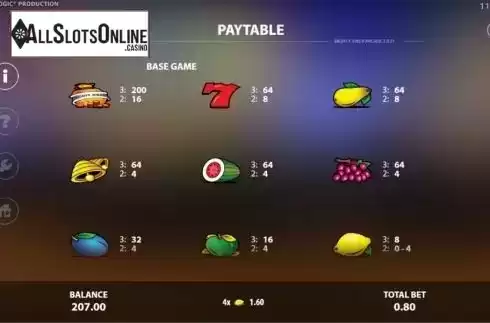 Base game paytable screen