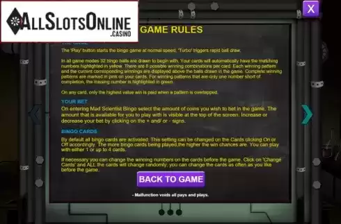 Rules. Bingo Mad Scientist from Caleta Gaming